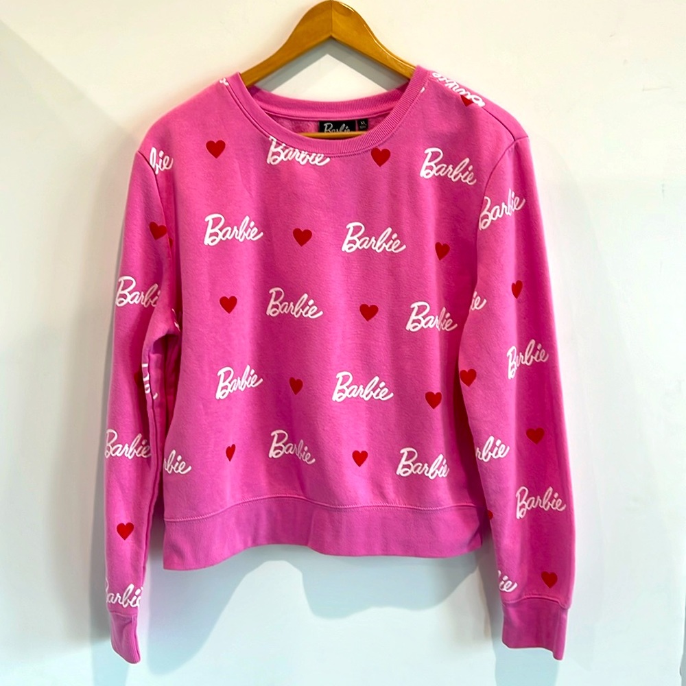 Barbie Valentines Sweatshirt Sweater Kids XL Pink Red Hearts Barbie Logo White